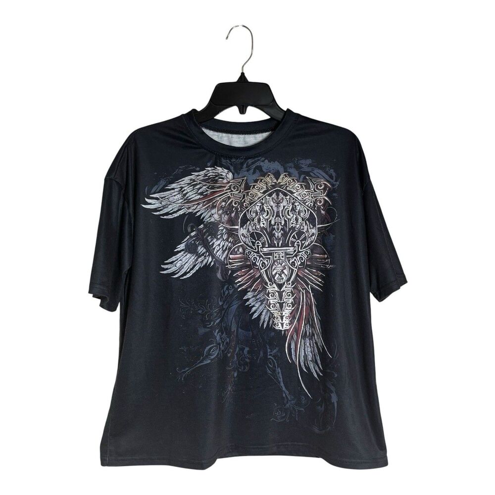 Womens Y2K Cyber Grunge Goth Cross Wings Graphic Tshirt M Punk Emo Festival